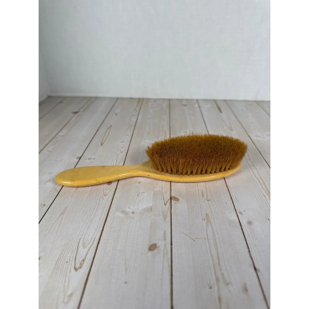 Vintage Yellow Celluloid Art Deco Vanity Brush Set Hair &‎ Clothes Brushes 3pc